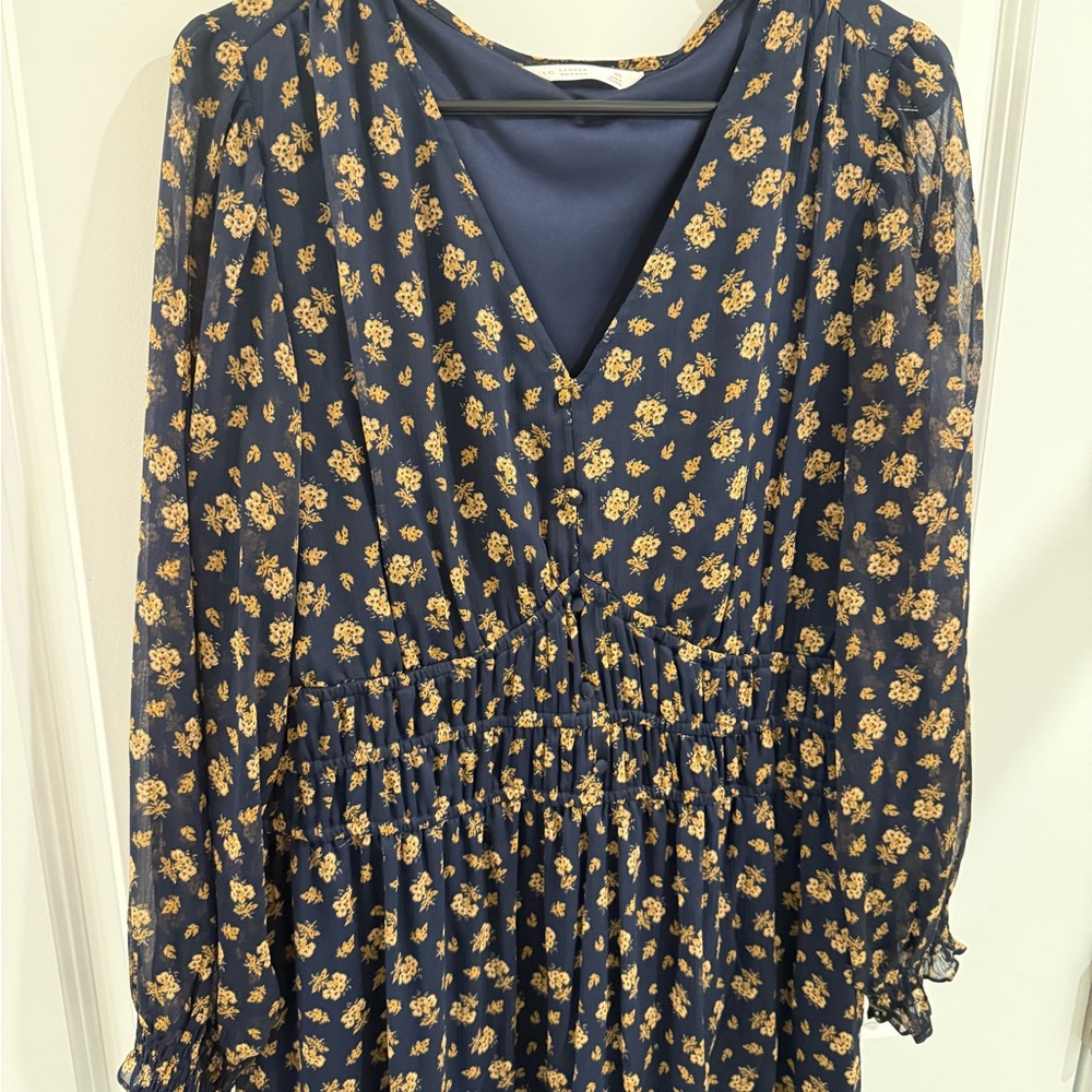 LC Lauren Conrad Navy and Yellow Floral Midi Dress